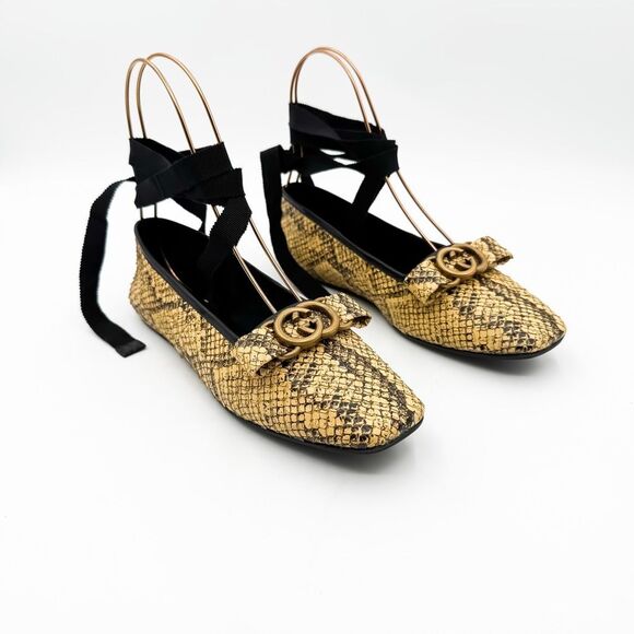 Gucci GG Leather Python Ballet Flats Lace Up Ribbon EU 38 - Picture 1 of 10